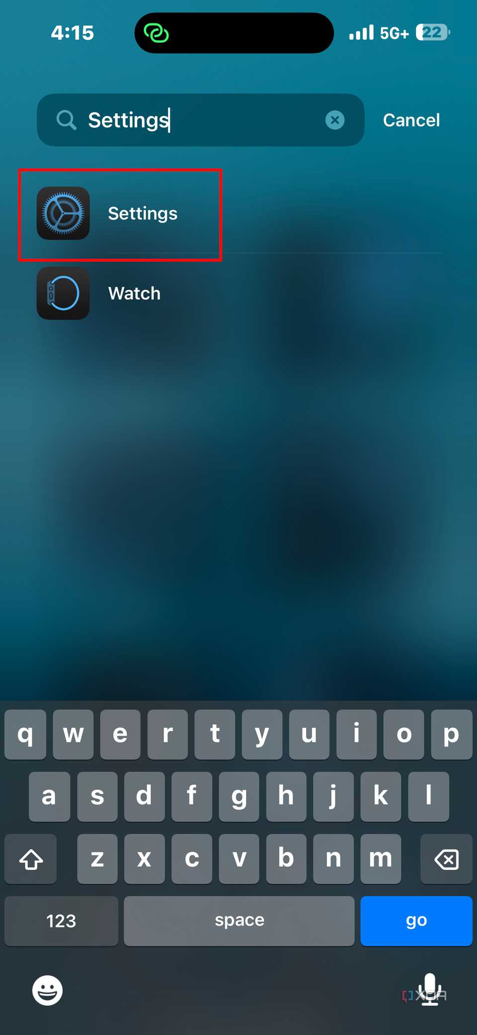 Searching for the settings app on iPhone.