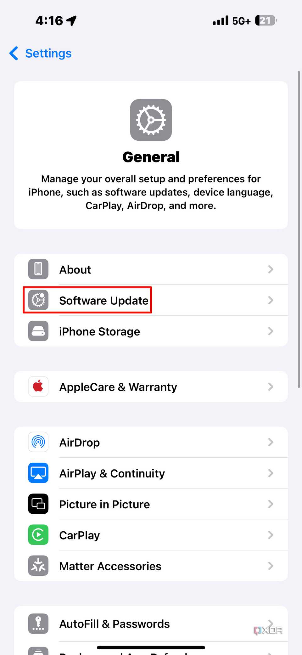 Finding the software update tab in Settings.
