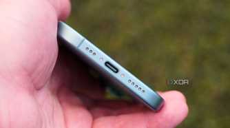 The USB-C port on the bottom of the iPhone 16.