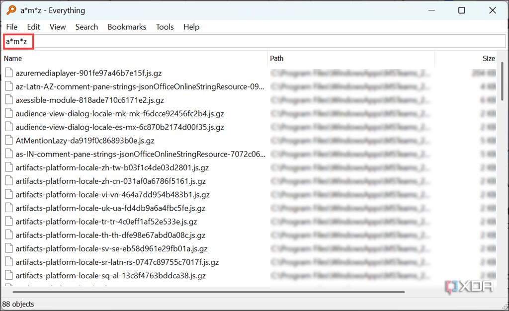 Screenshot of items with a, m. and z in their name chronologically