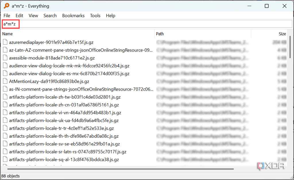 Screenshot of items with a, m. and z in their name chronologically