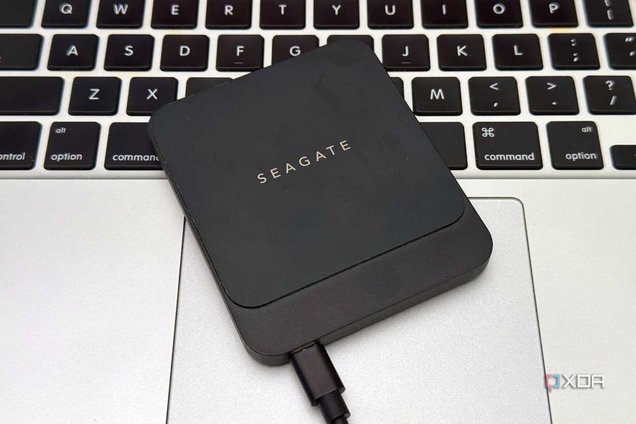 Seagate portable external ssd on top of macbook touchpad