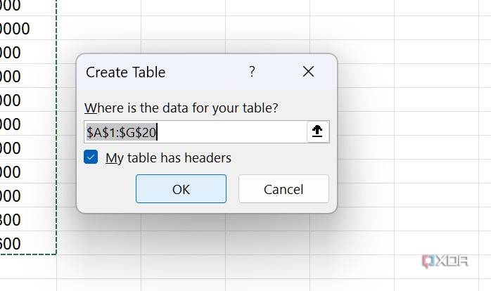 insert table range in Excel