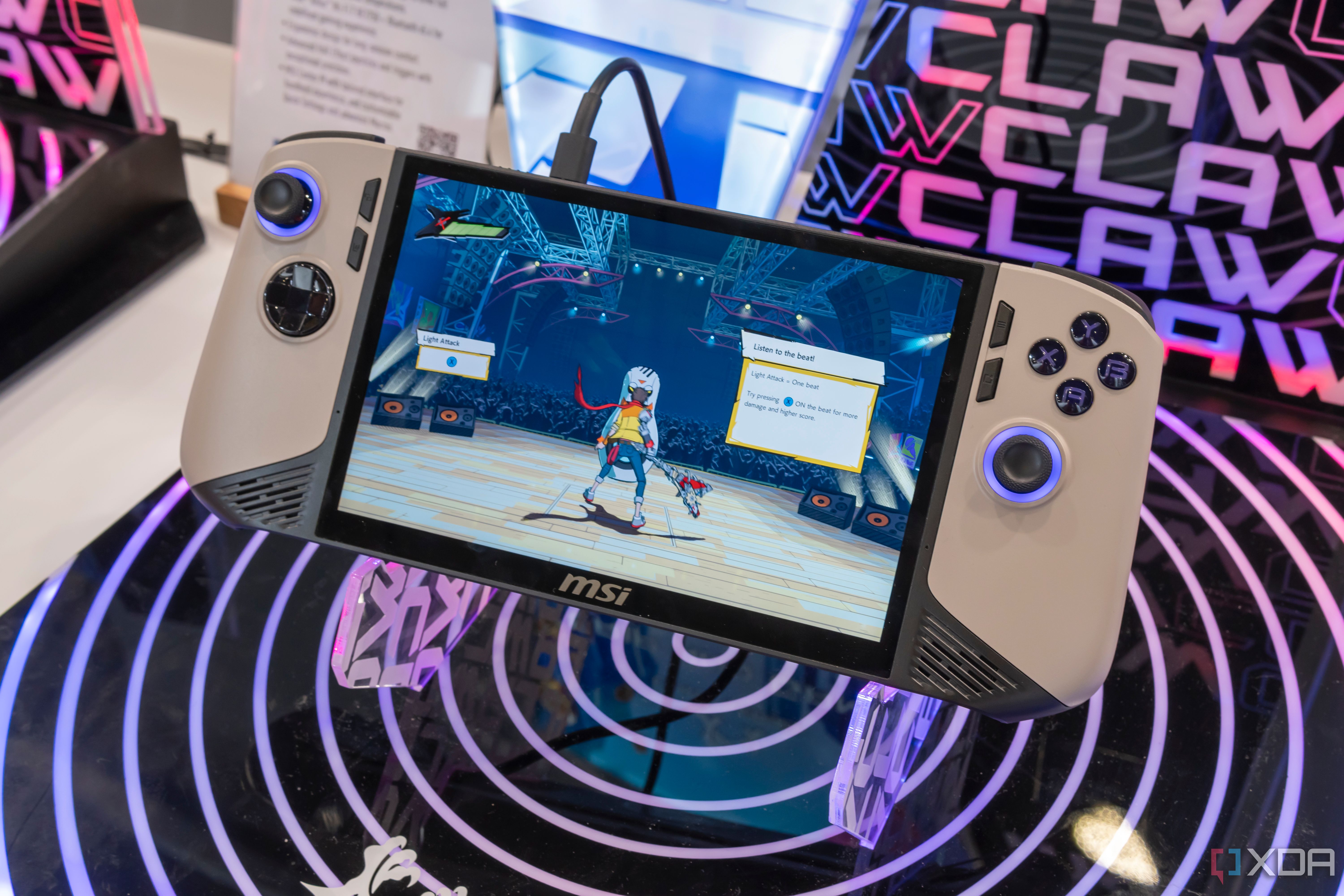 An MSI Claw 8 AI+ gaming handheld running Hi-Fi Rush