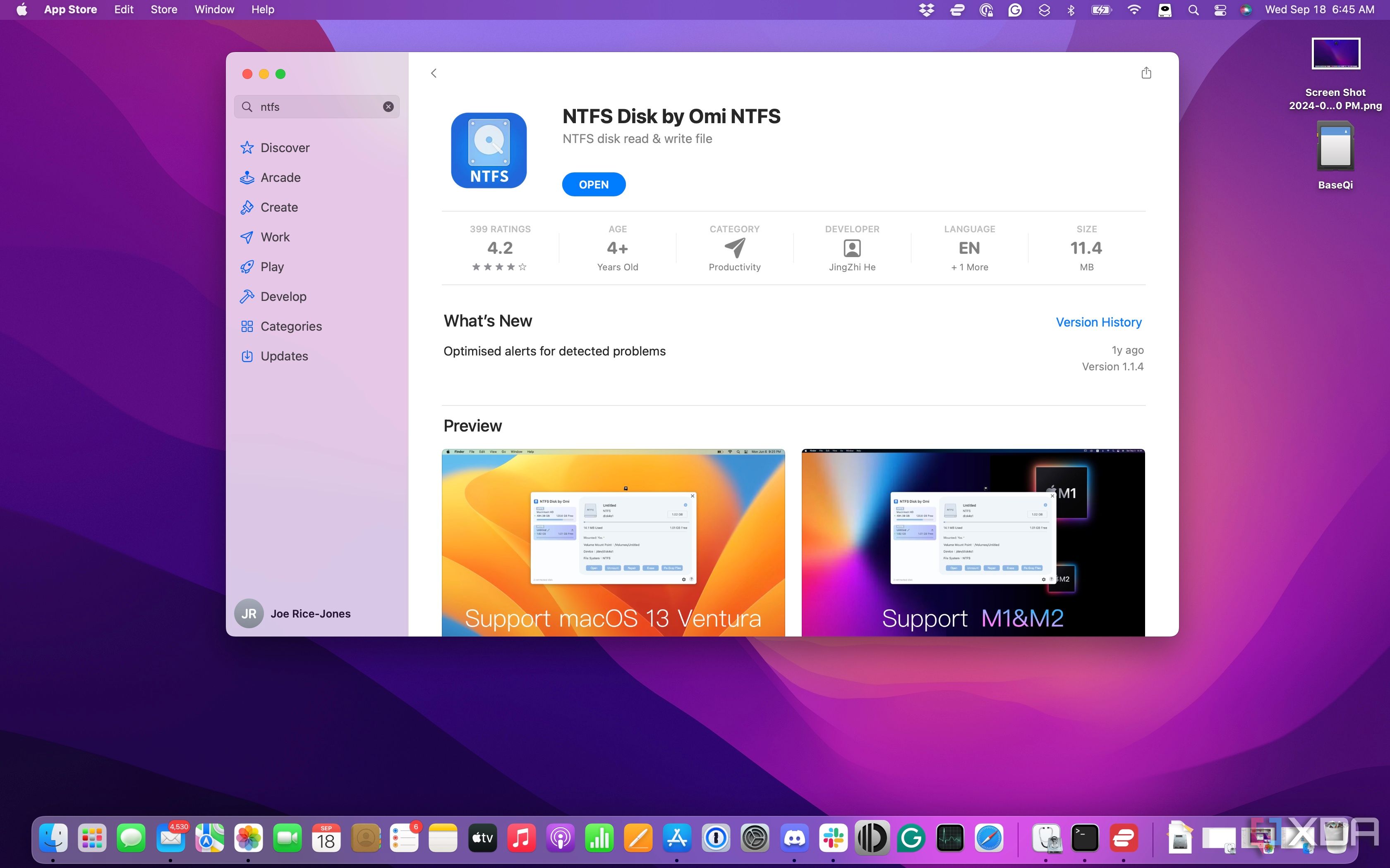 screenshot of mac app store page for ntfs disk by omi