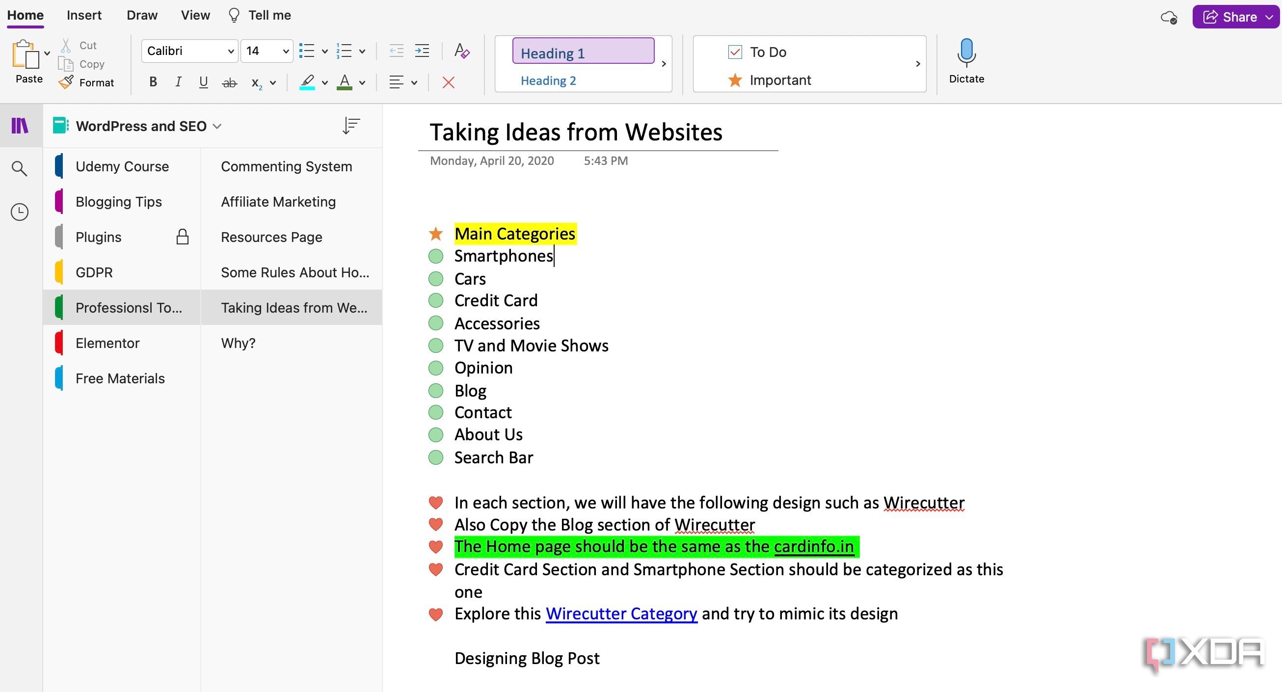 OneNote user interface