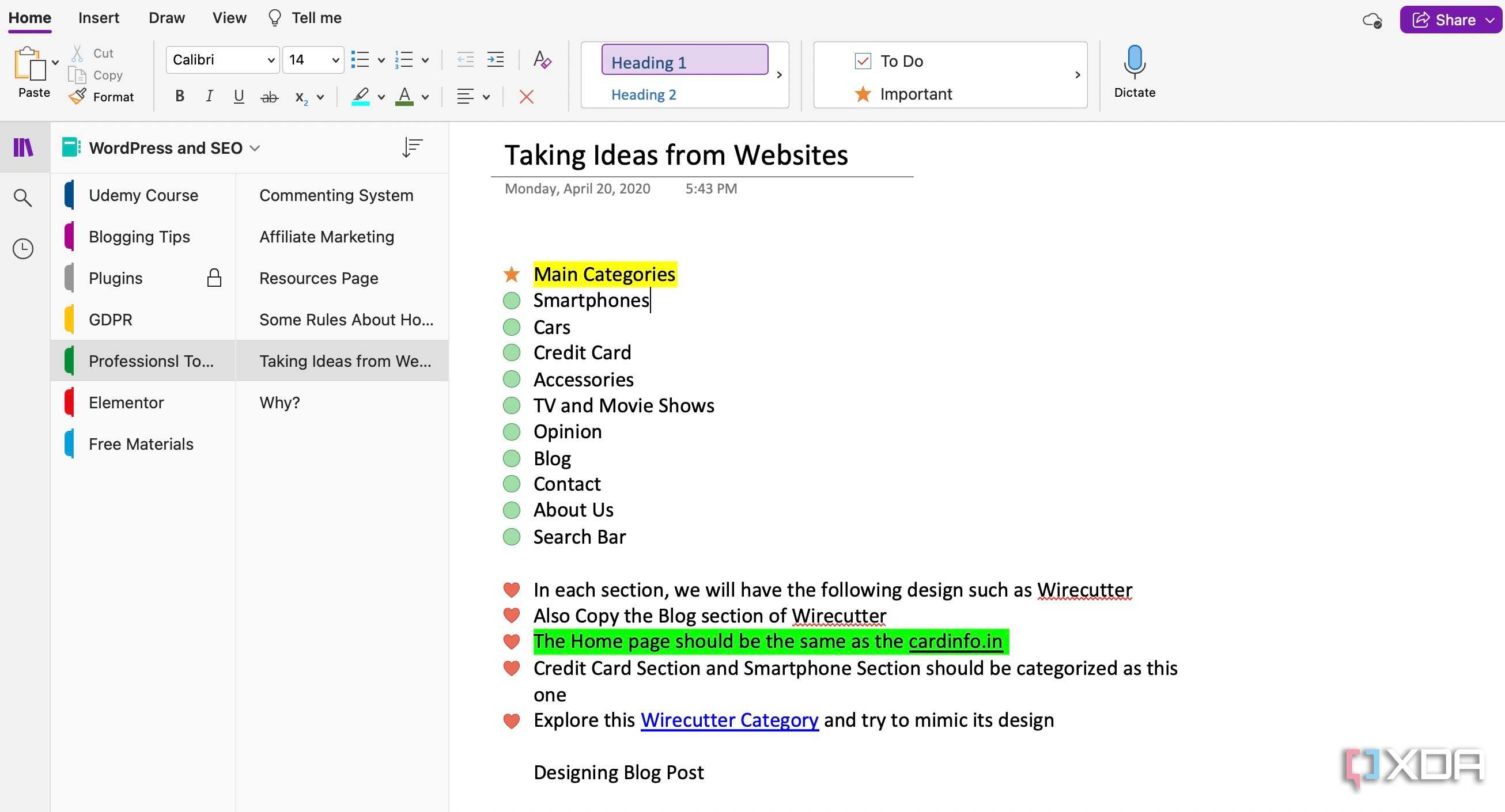 OneNote user interface