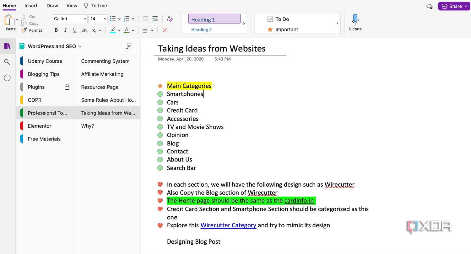 OneNote user interface