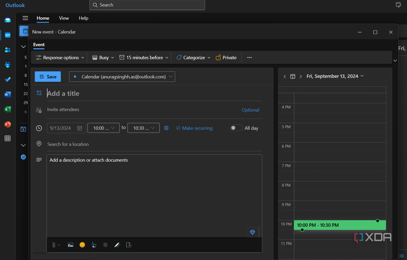 Screenshot showing Outlook desktop app menu that lets you create a new calendar event.
