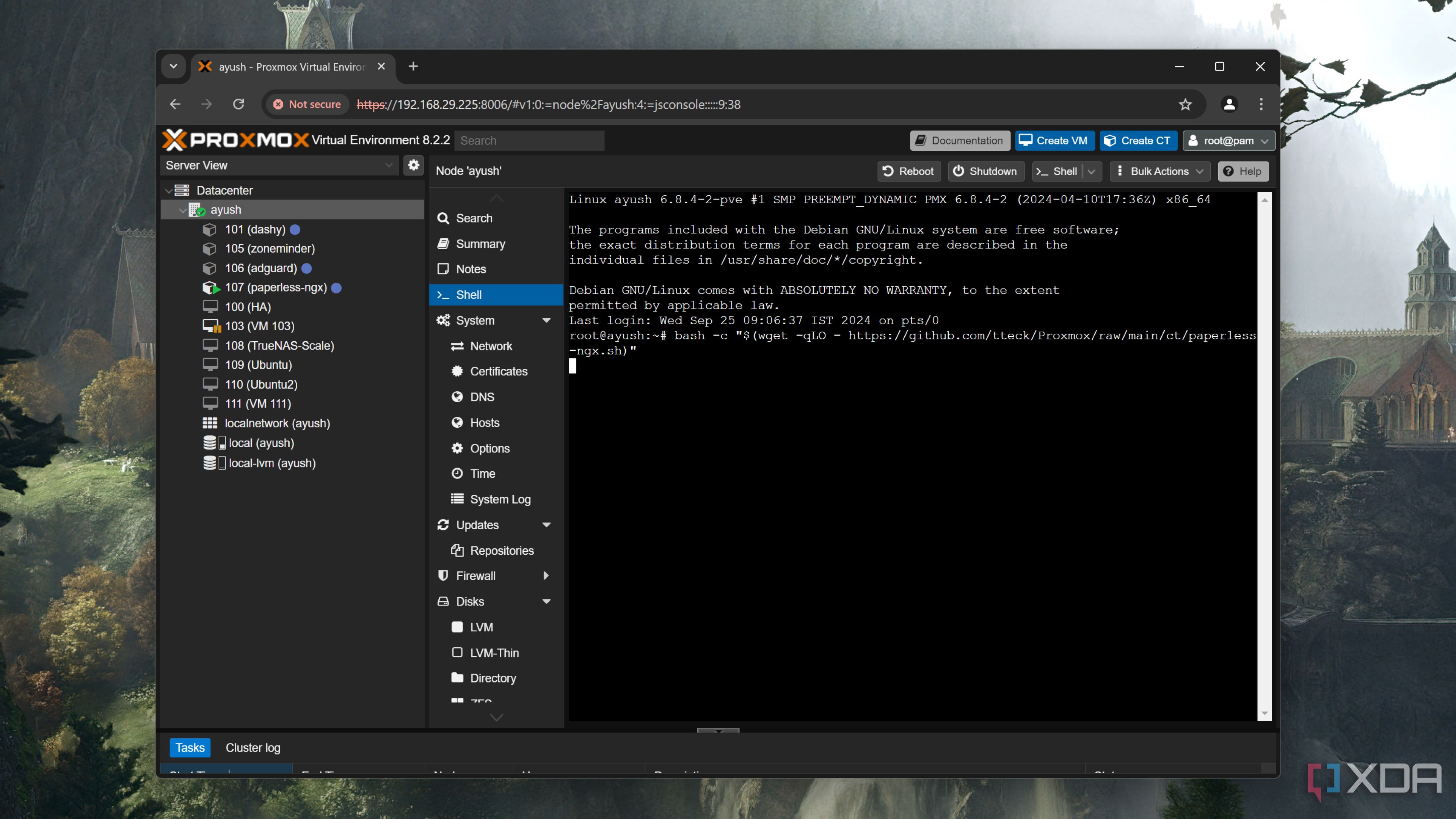 Running the command to install Paperless-ngx on Proxmox