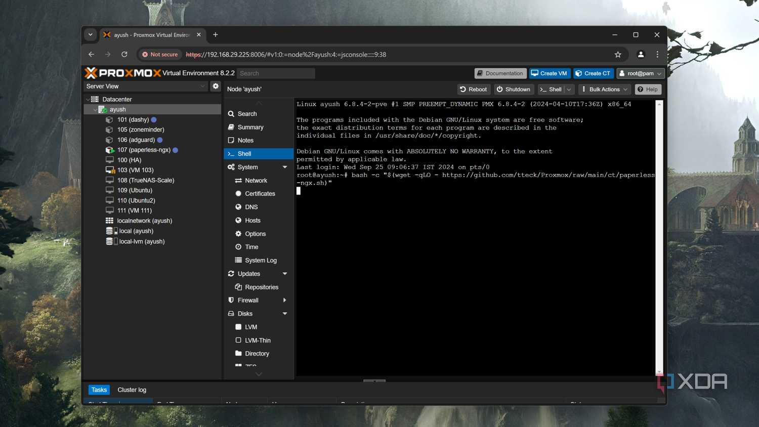 Running the command to install Paperless-ngx on Proxmox