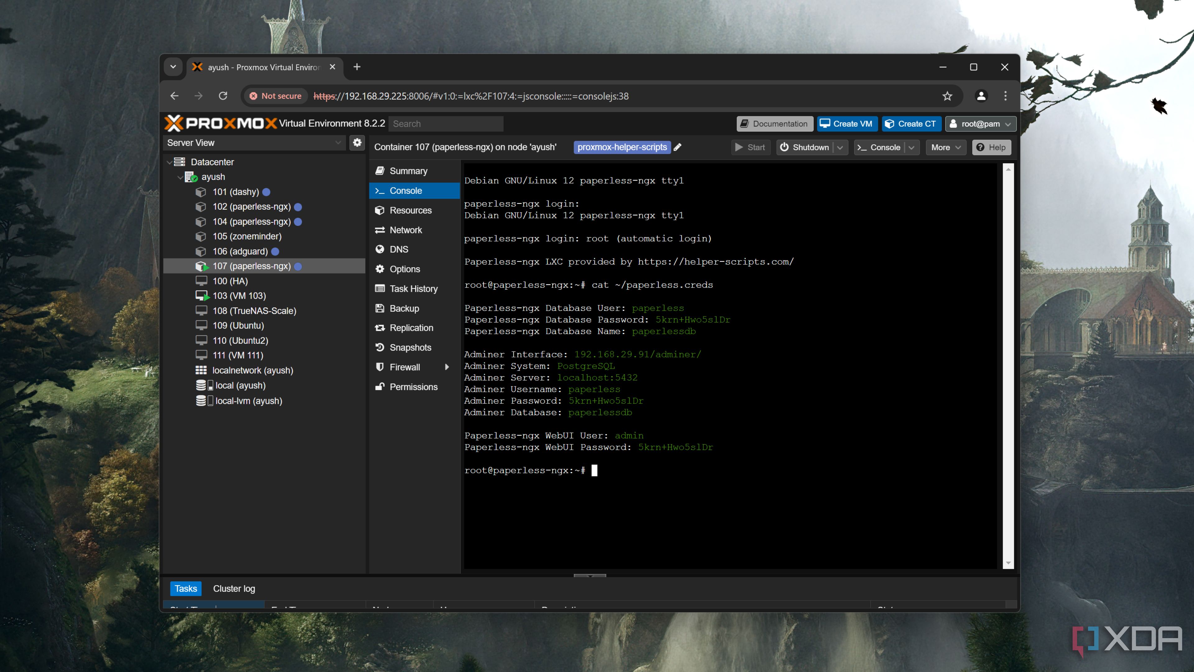 Running the command to check the Paperless-ngx web UI credentials on Proxmox
