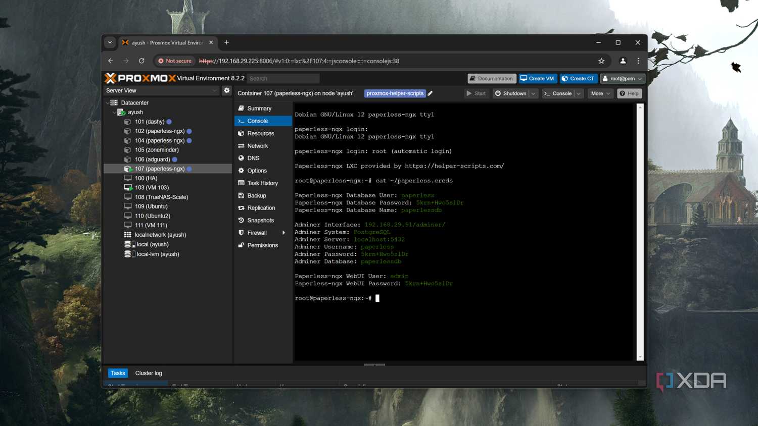 Running the command to check the Paperless-ngx web UI credentials on Proxmox