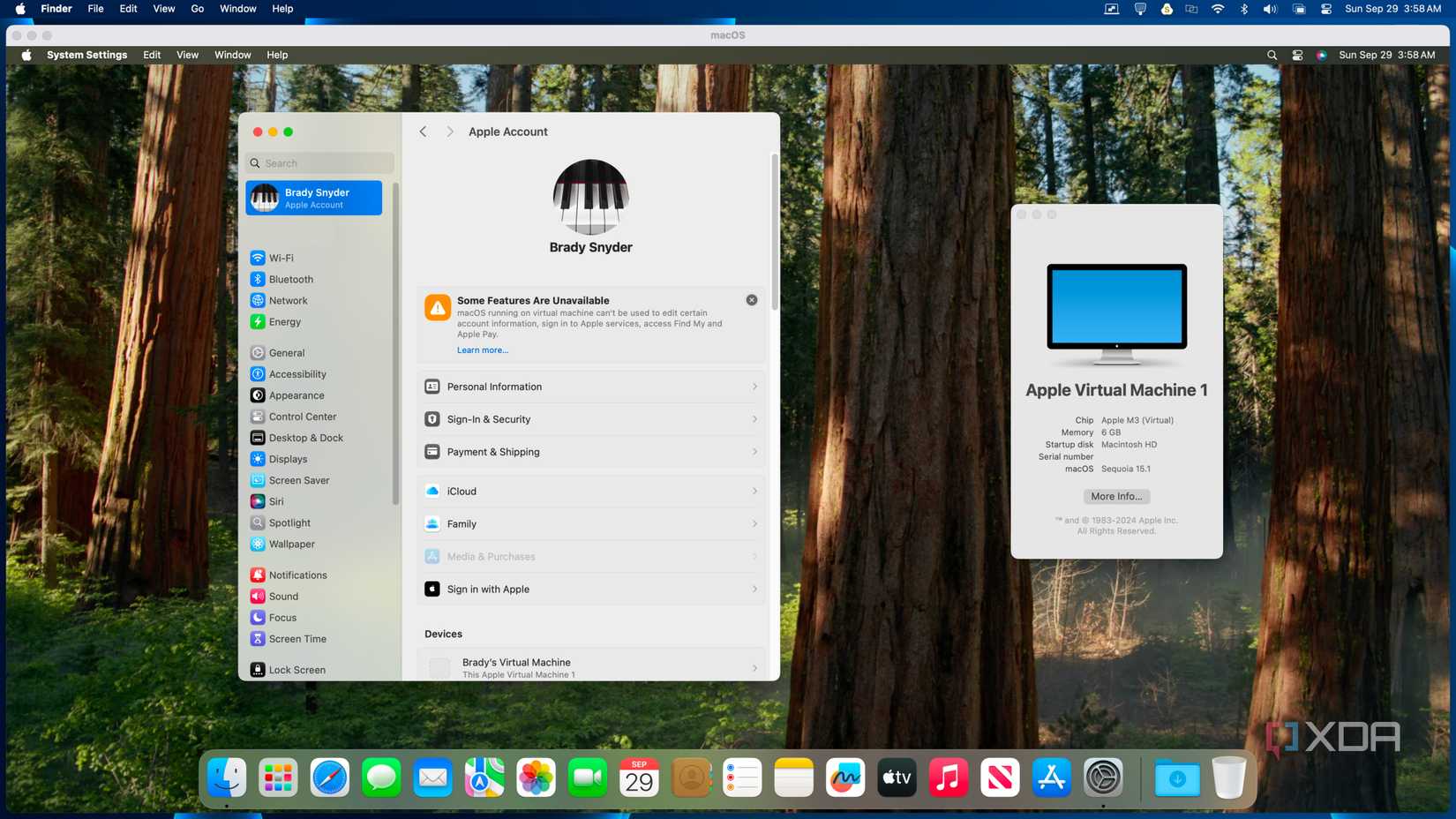 Showing a macOS VM signed into an iCloud account.