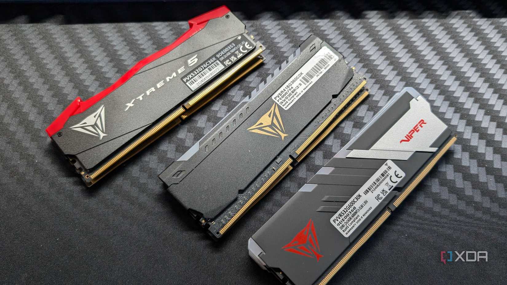 patriot ddr4 and ddr5 memory modules on a desk