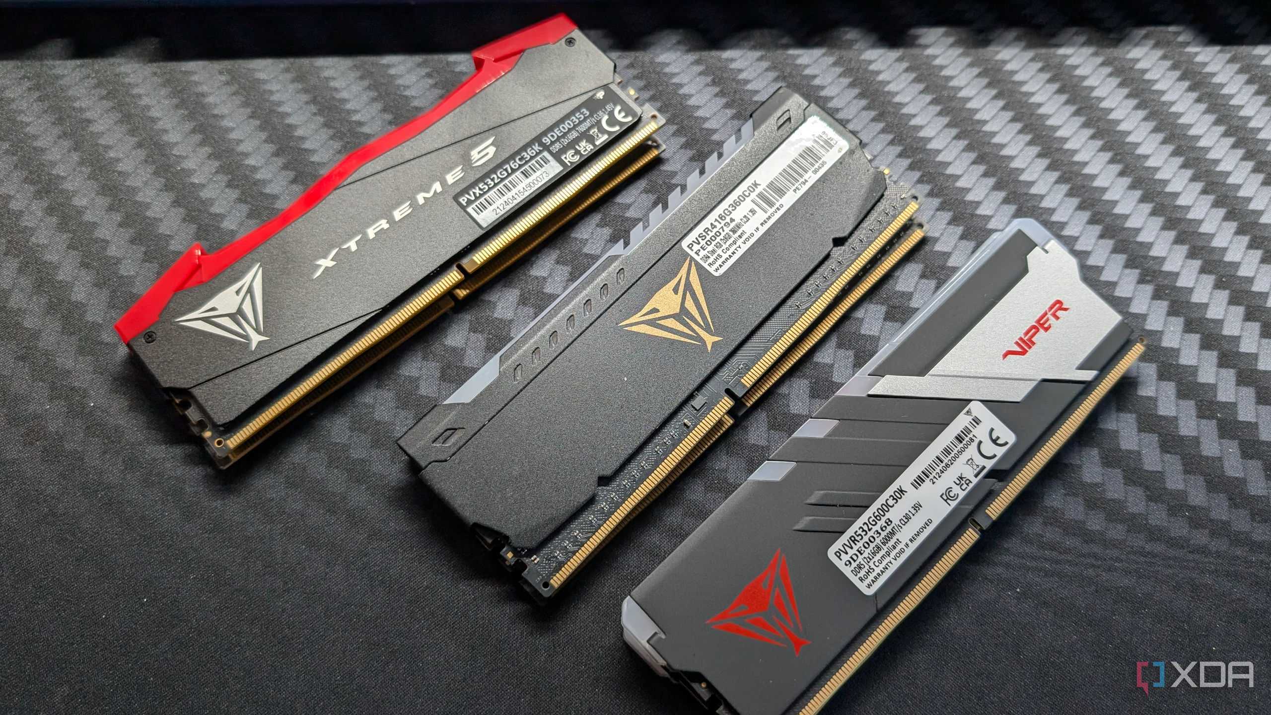 patriot ddr4 and ddr5 memory modules on a desk