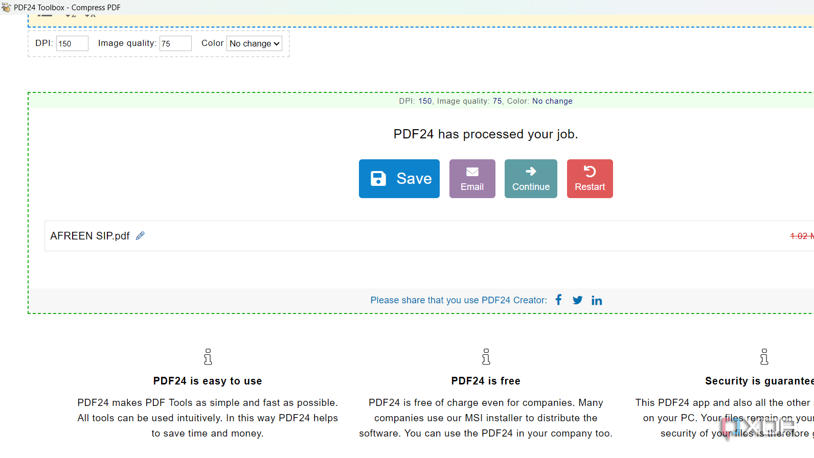 Screenshot showing PDF24 compression tool