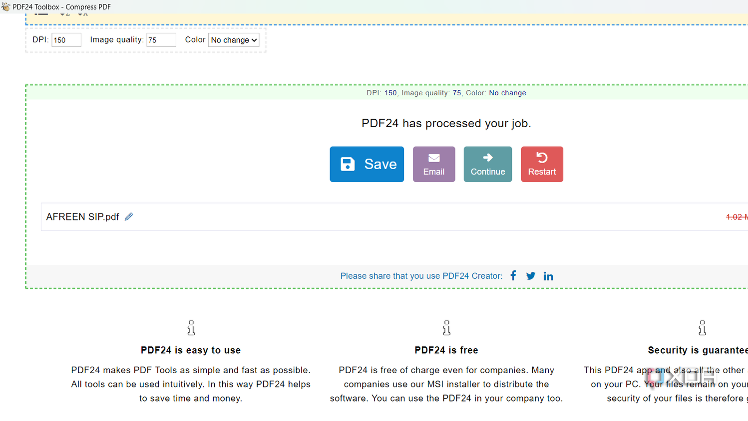 Screenshot showing PDF24 compression tool