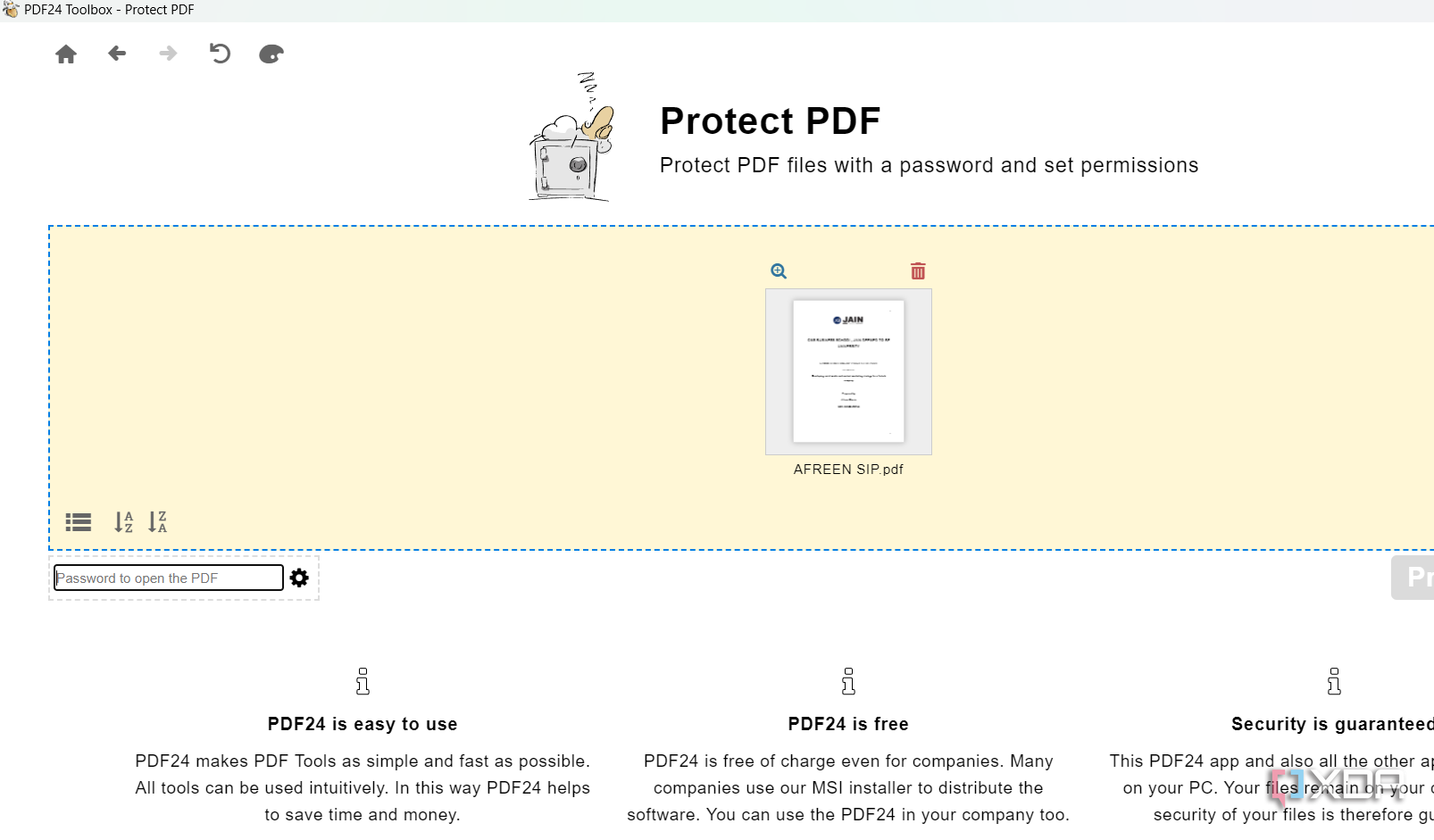 Screenshot showing PDF24 password protection feature