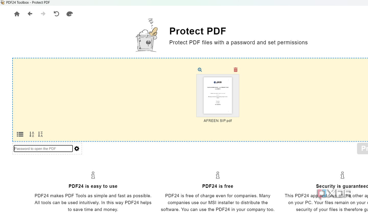 Screenshot showing PDF24 password protection feature