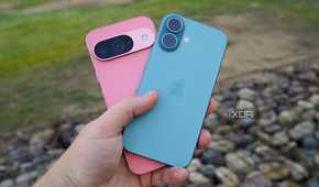 Holding the Pixel 9 and iPhone 16 in the hand.