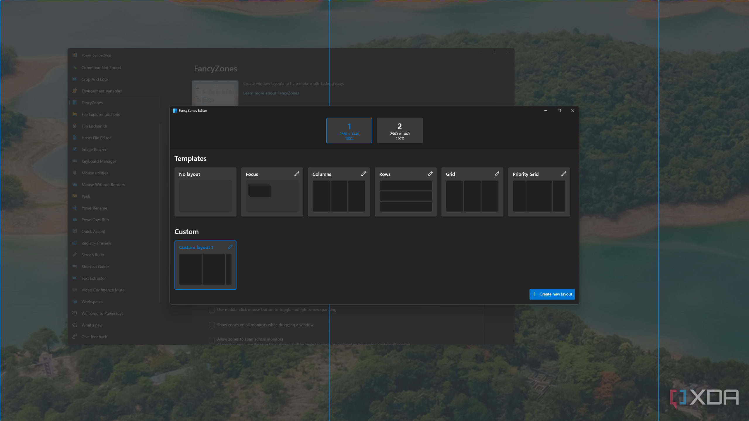 Screenshot of the layout editor in PowerToys FancyZones with multiple monitors connected