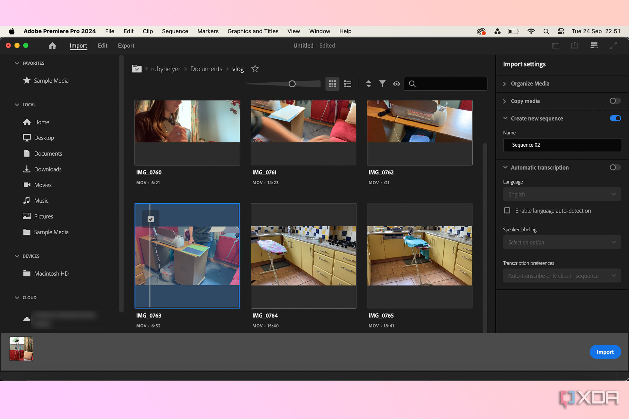 Premiere Pro import video page