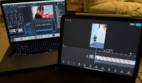 Premiere Pro on a MacBook with CapCut on an iPad next to it