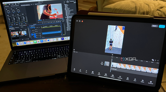 Premiere Pro on a MacBook with CapCut on an iPad next to it