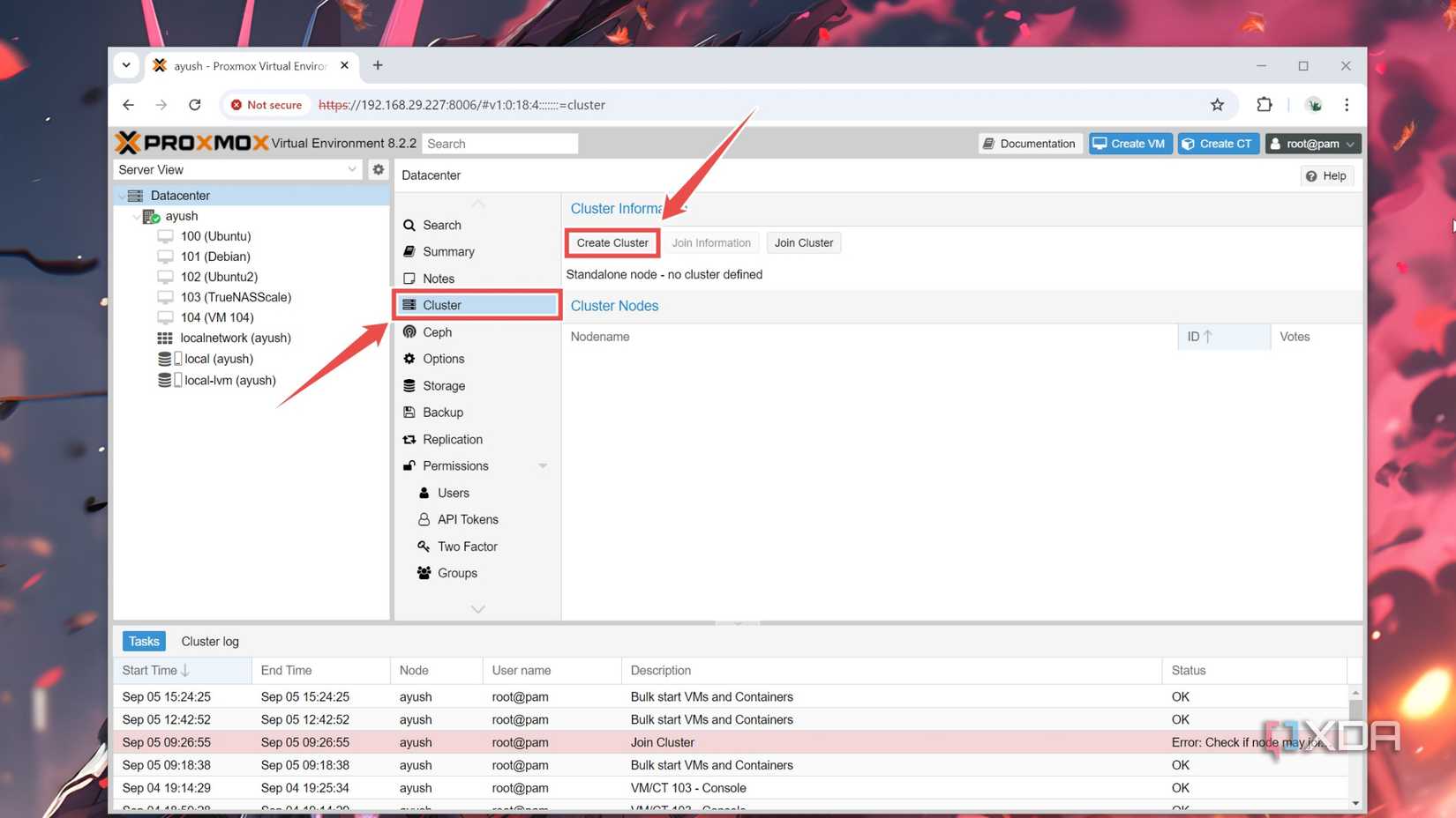 The Cluster tab of a node inside the Proxmox UI