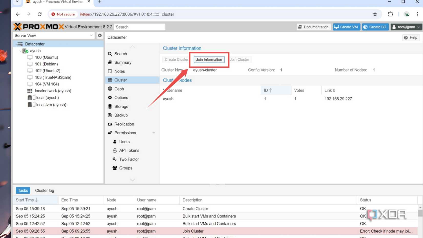 The Join Information button inside the Proxmox UI