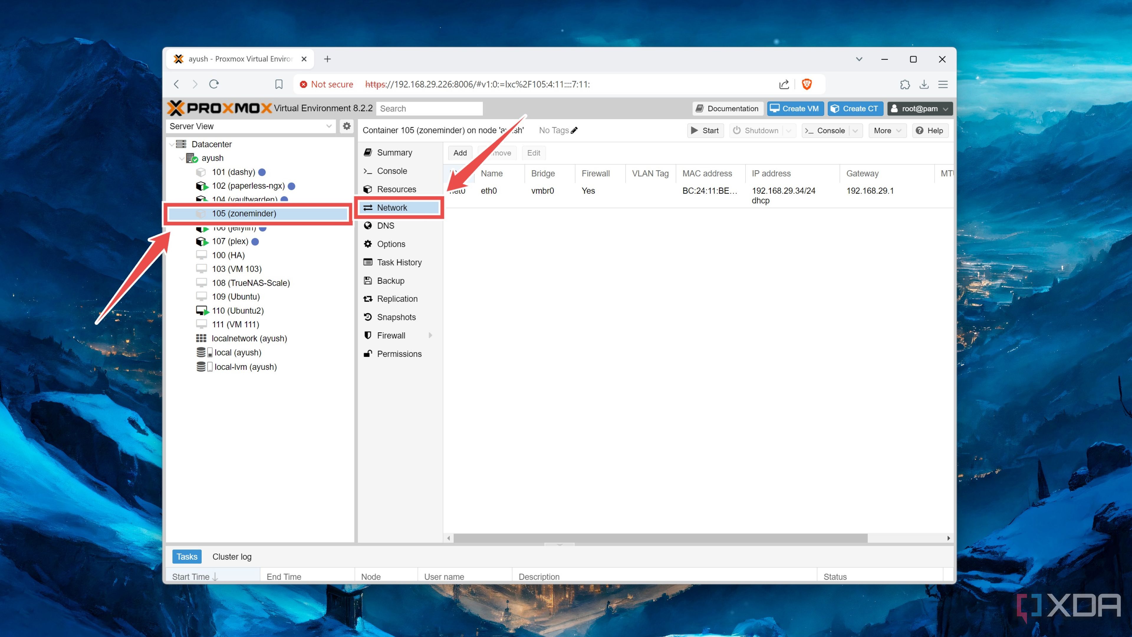 The network tab inside a Proxmox container
