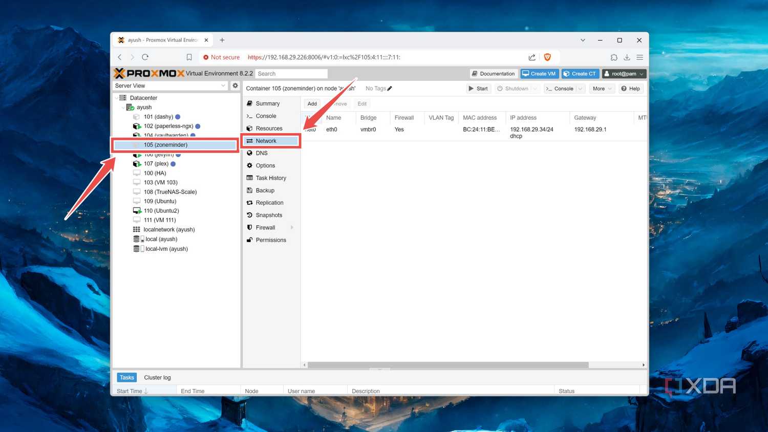 The network tab inside a Proxmox container