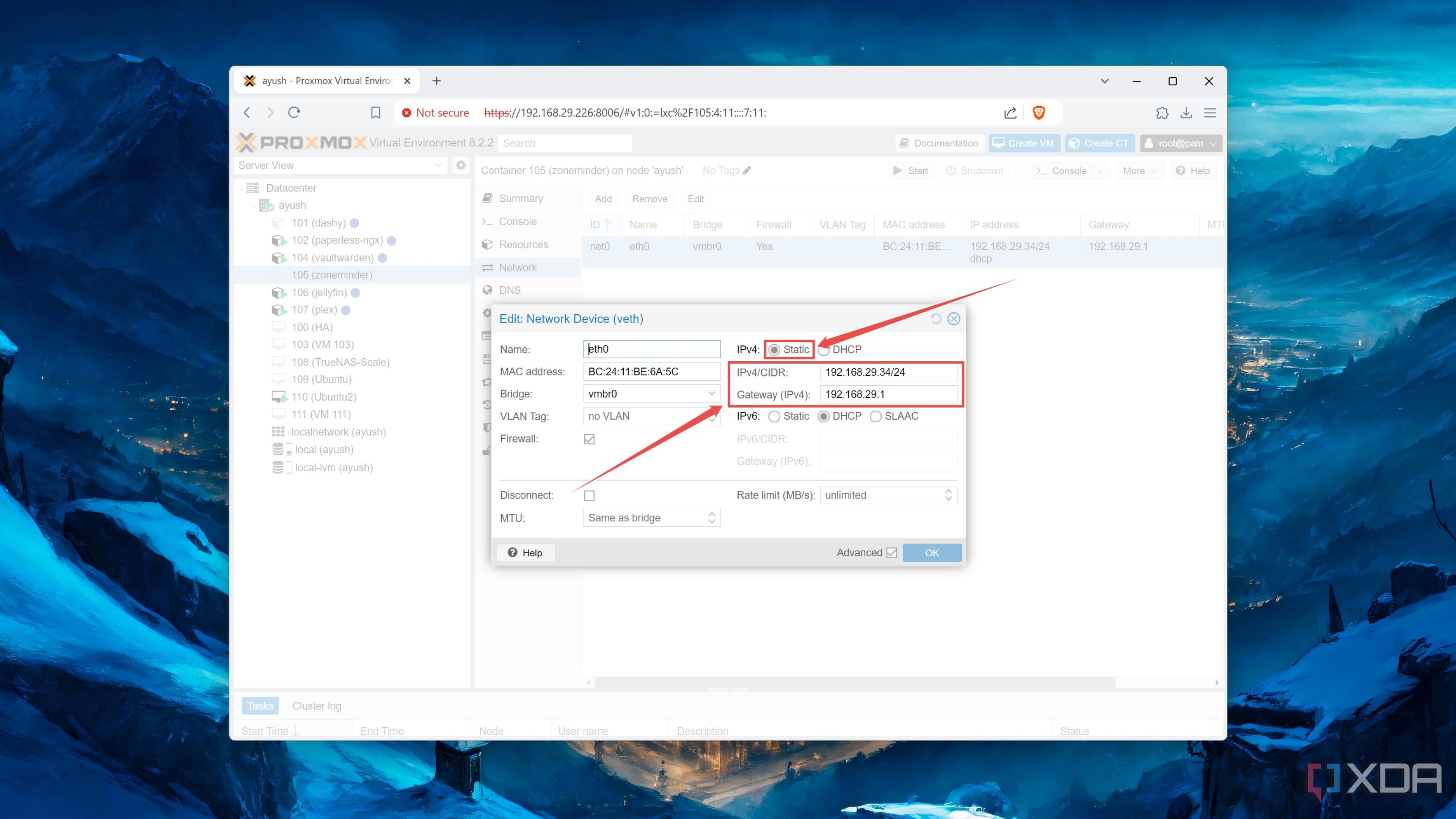 Setting a static IP in a Proxmox container