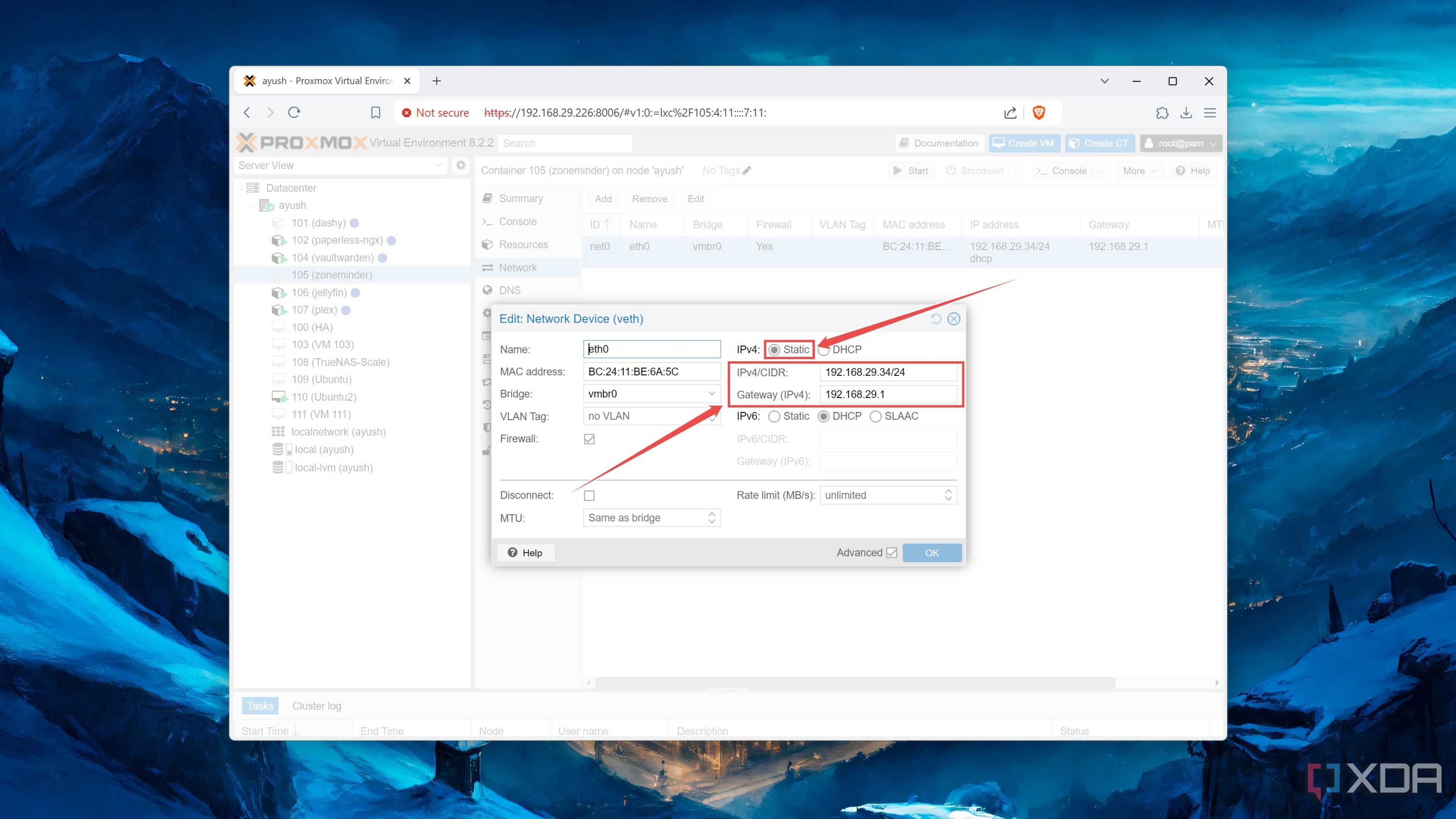 Setting a static IP in a Proxmox container