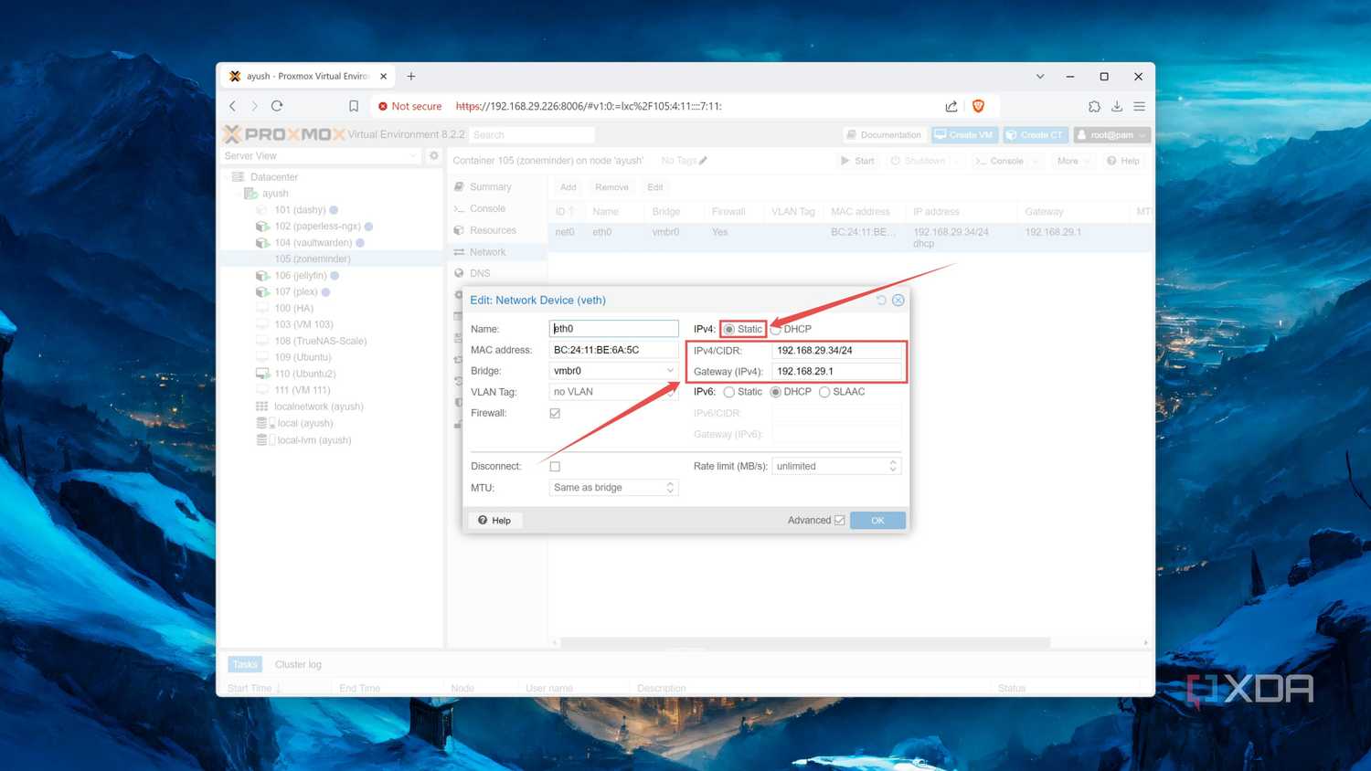Setting a static IP in a Proxmox container