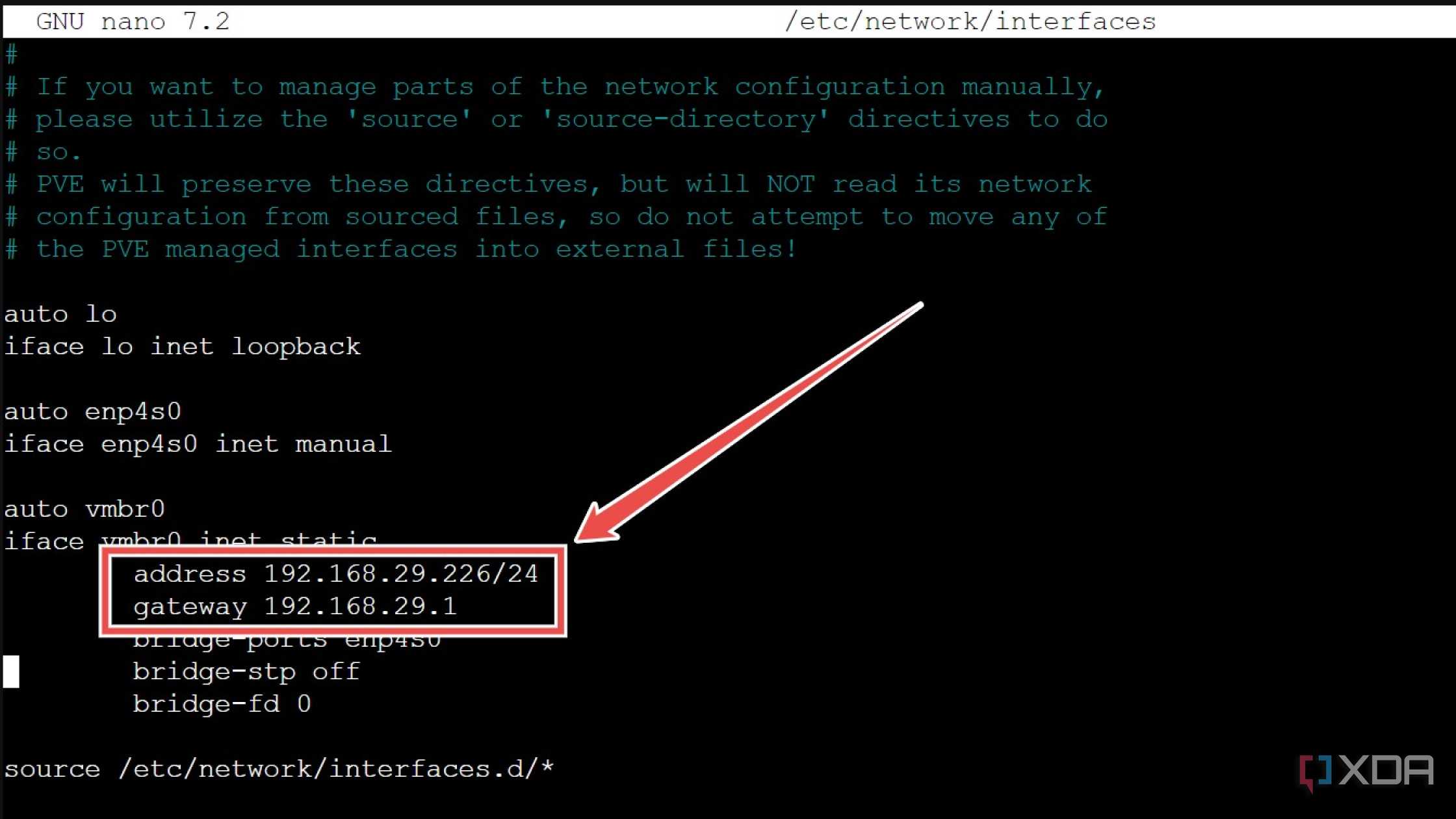 Setting the correct address and gateway options inside the interfaces file