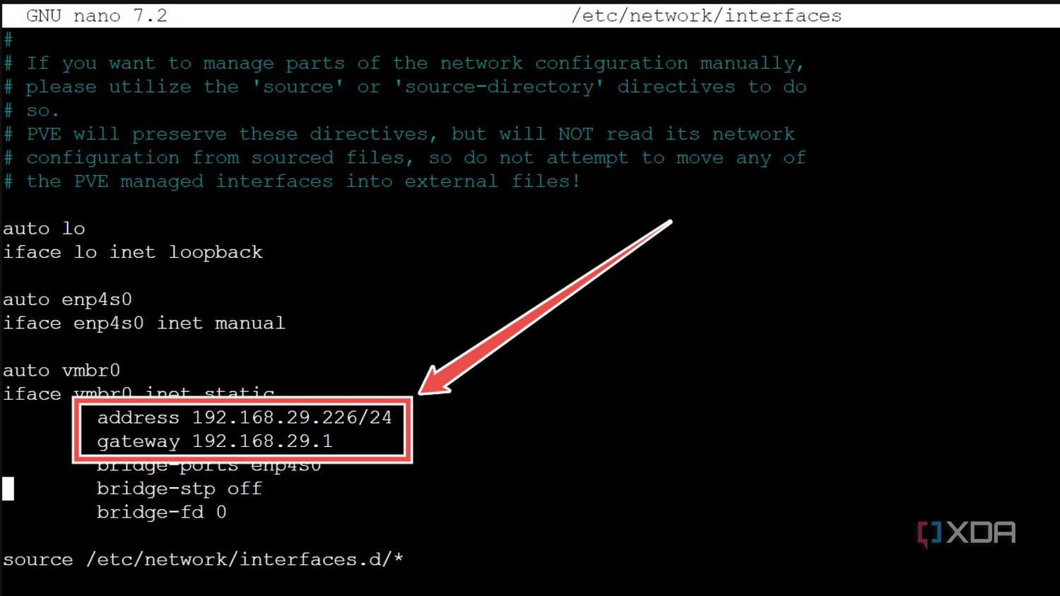 Setting the correct address and gateway options inside the interfaces file