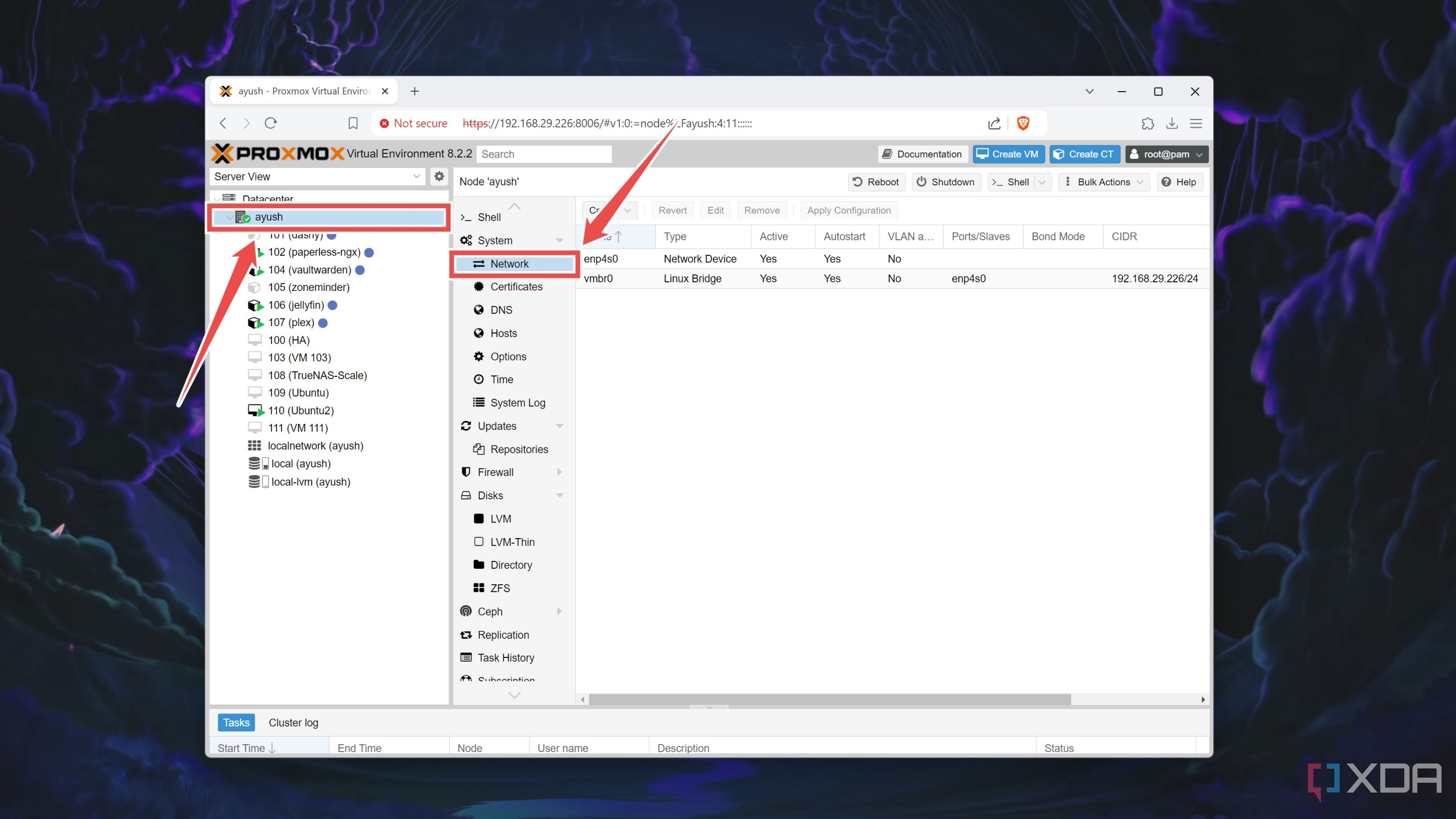Selecting the Network tab inside the Proxmox host