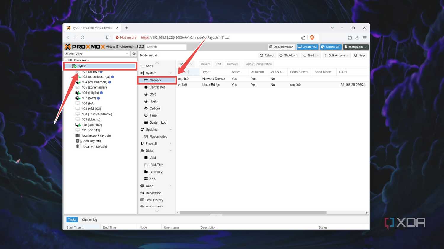 Selecting the Network tab inside the Proxmox host