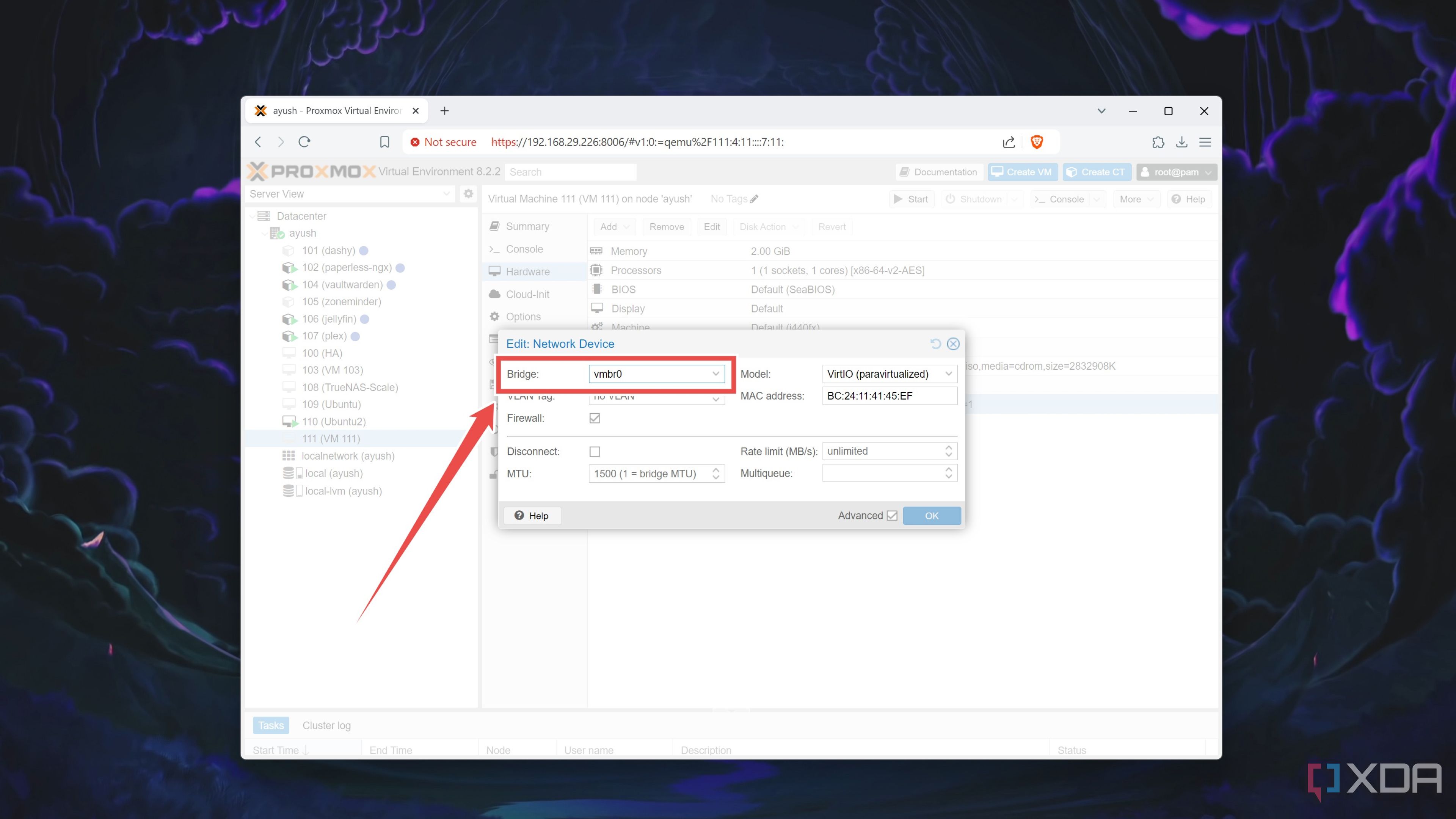 Entering the correct Bridge setting in a VM