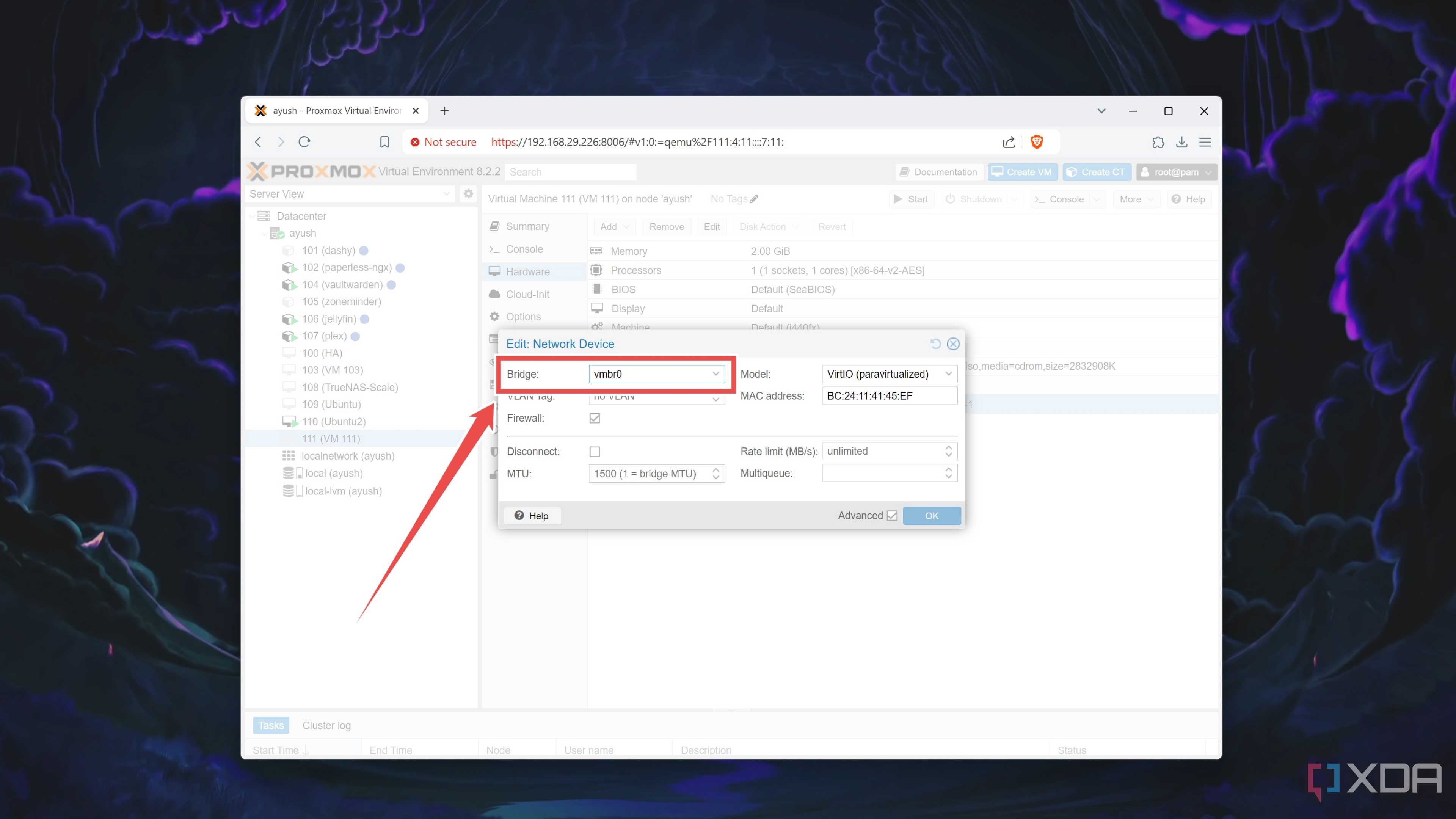 Entering the correct Bridge setting in a VM