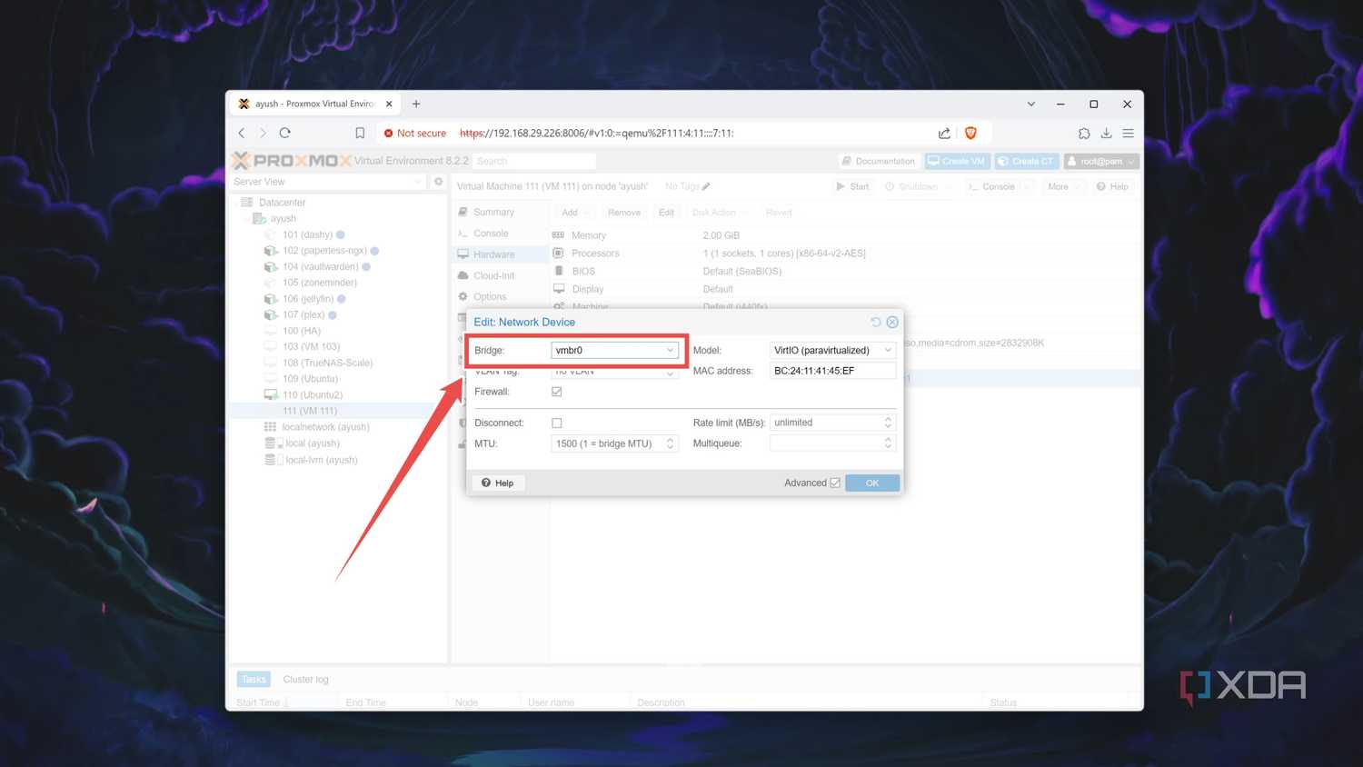 Entering the correct Bridge setting in a VM