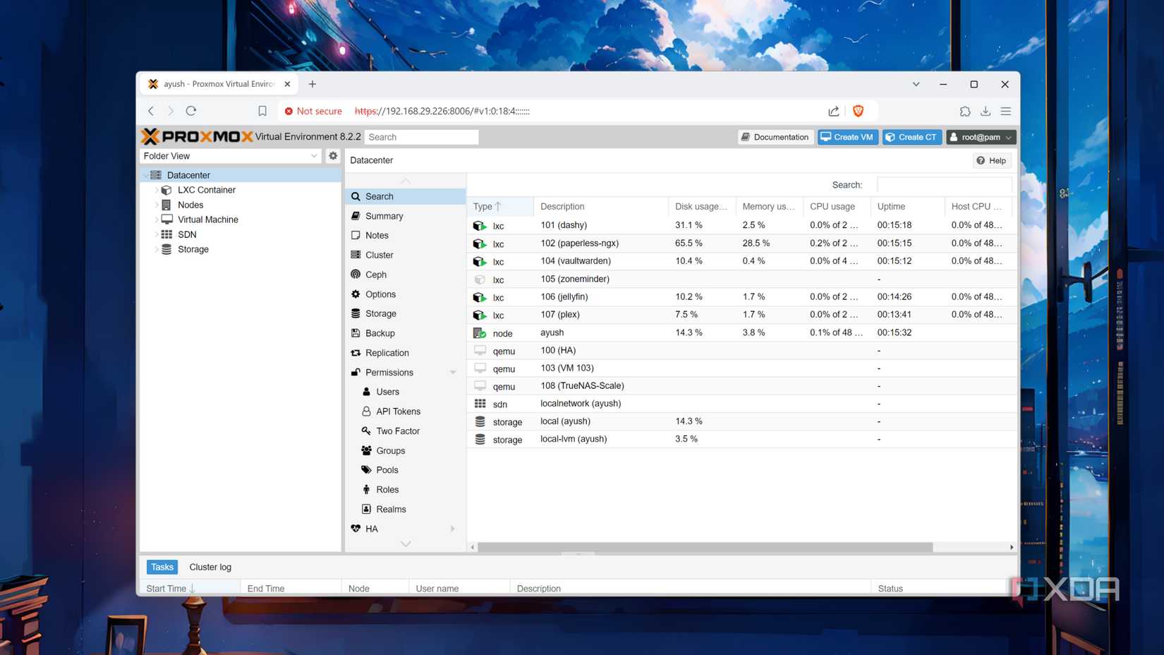 Proxmox UI with several containers and virtual machines deployed