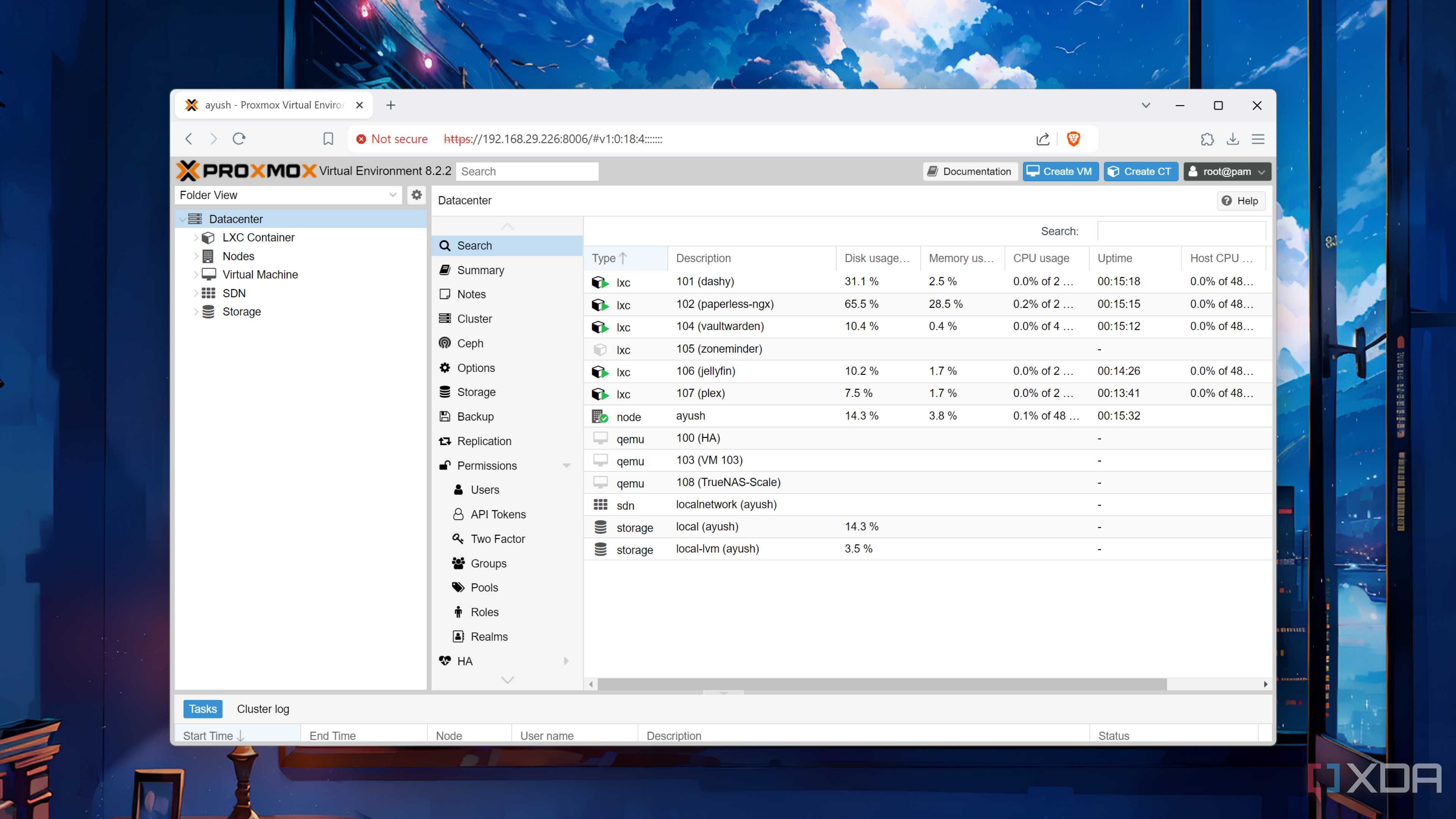 Proxmox UI with several containers and virtual machines deployed