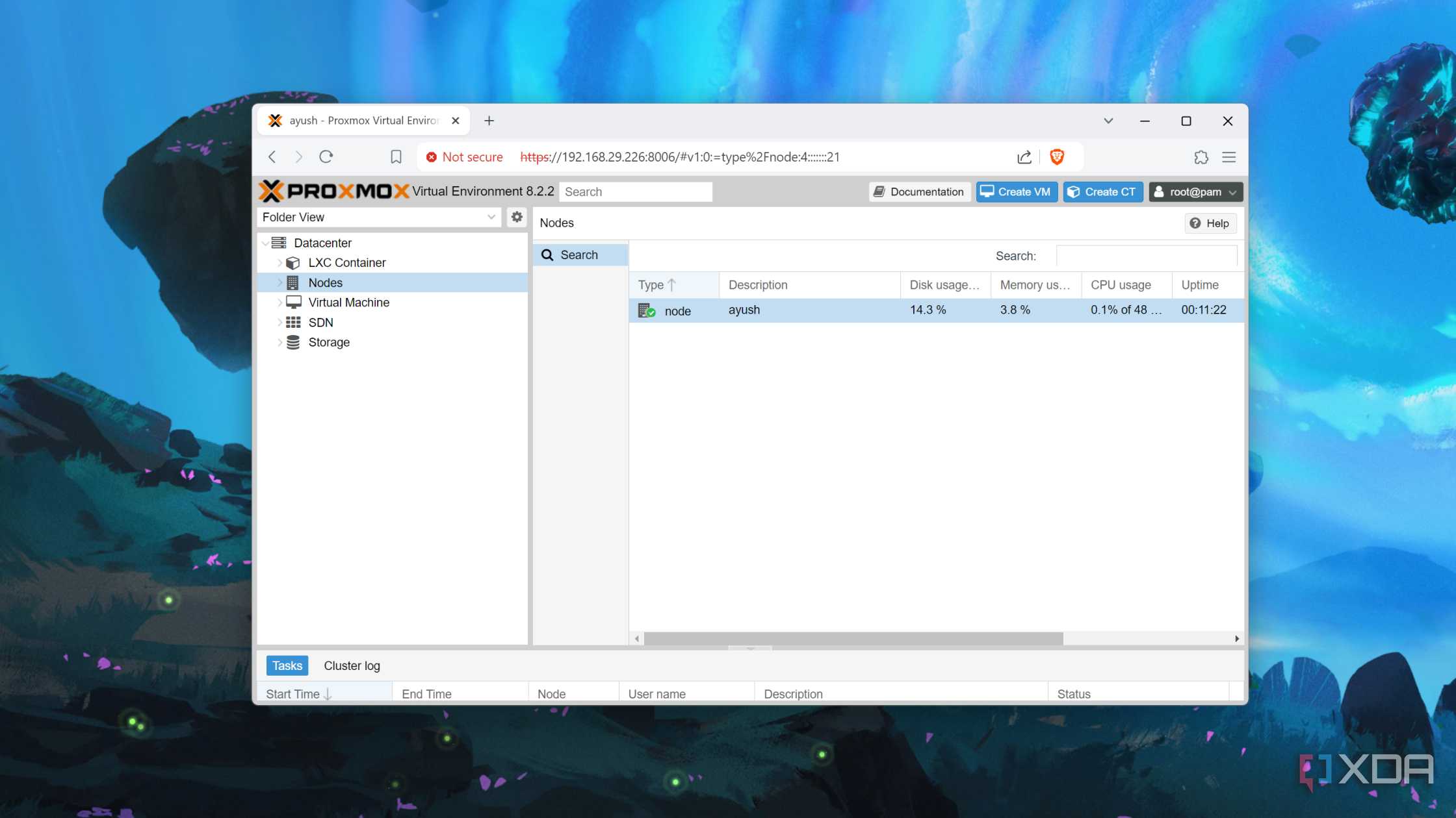 The Proxmox UI with the Nodes page open