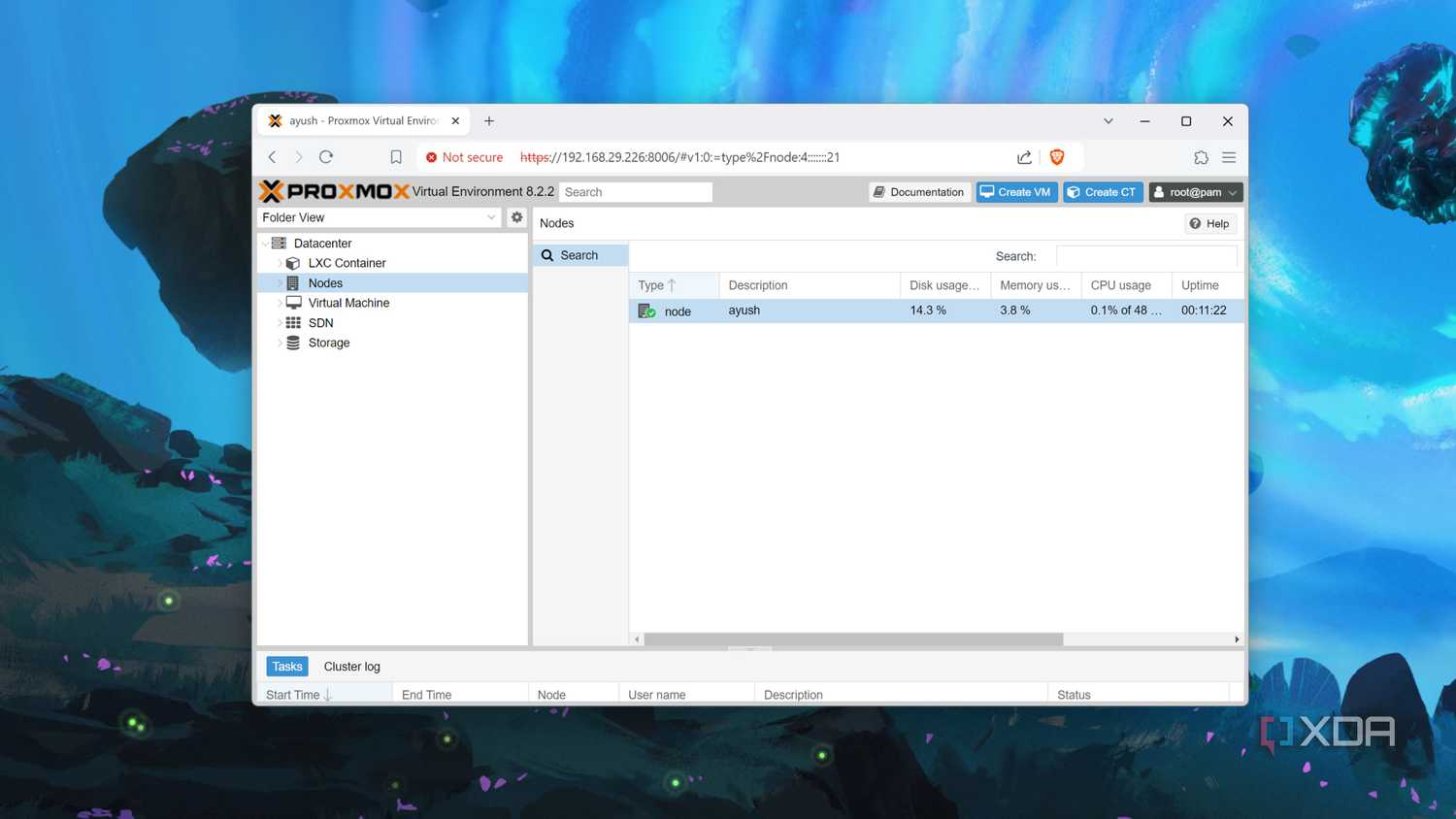 The Proxmox UI with the Nodes page open