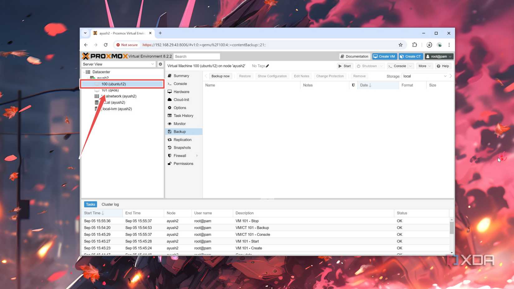 Selecting a virtual machine in the Proxmox web UI