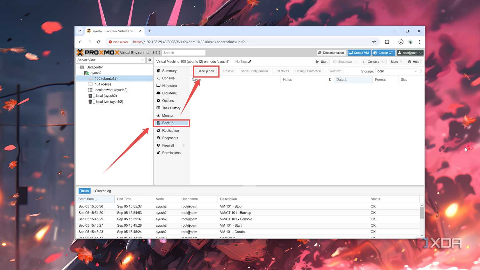 Clicking on the Backup option in the Proxmox web UI