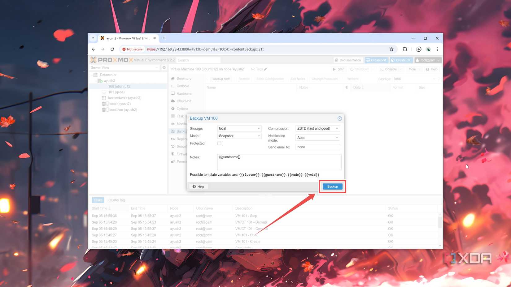 Backing up a VM inside the Proxmox web UI
